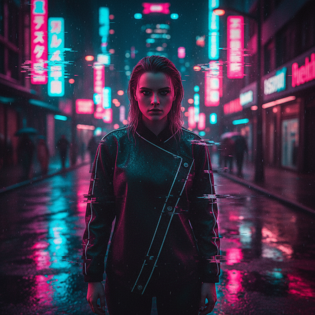 Cyberpunk Cityscape Portrait: Neon Glitch Effect preview